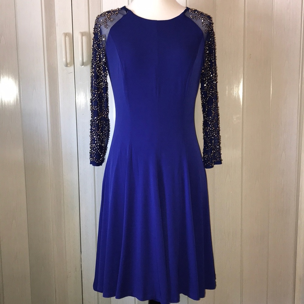 Leslie Fay blue with golden beaded sleeves dress